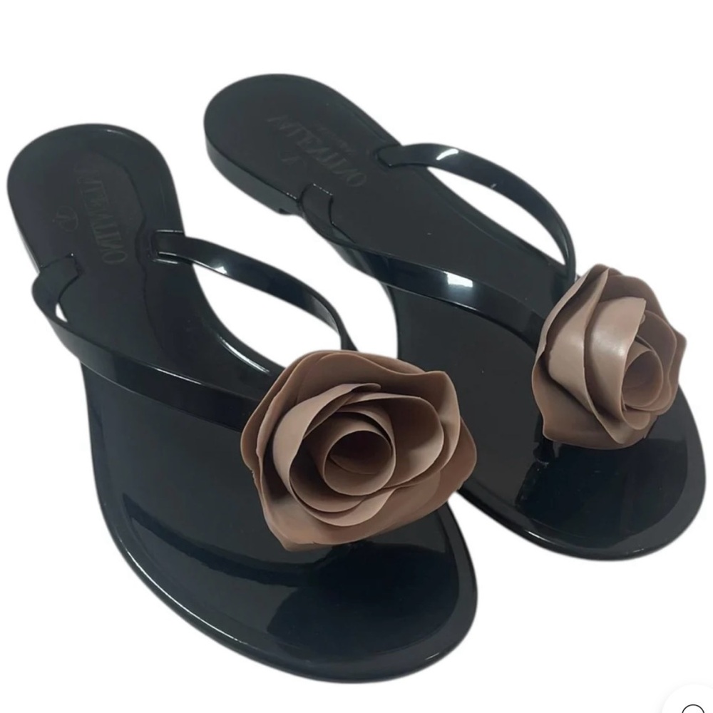 Valentino Black Sandals with Brown Floral Accent